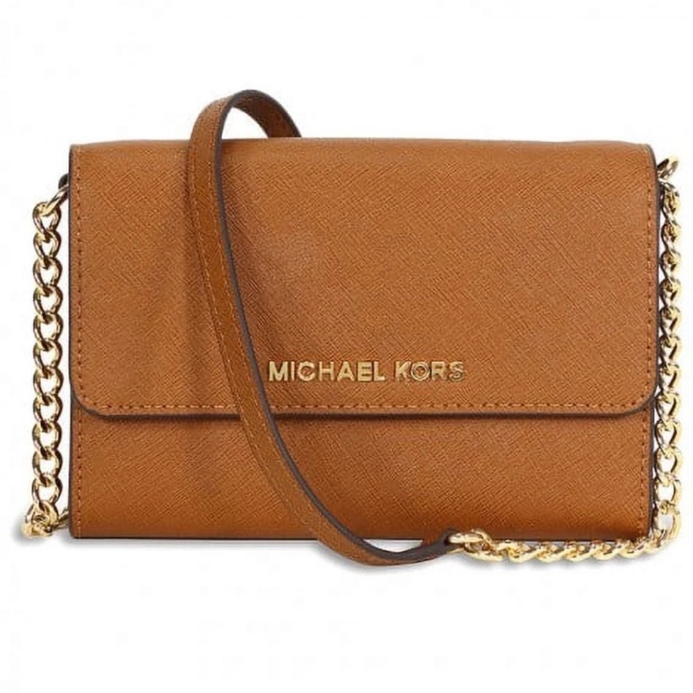 Michael Kors Tan Leather Wallet Crossbody Bag With Gold Chain Straps